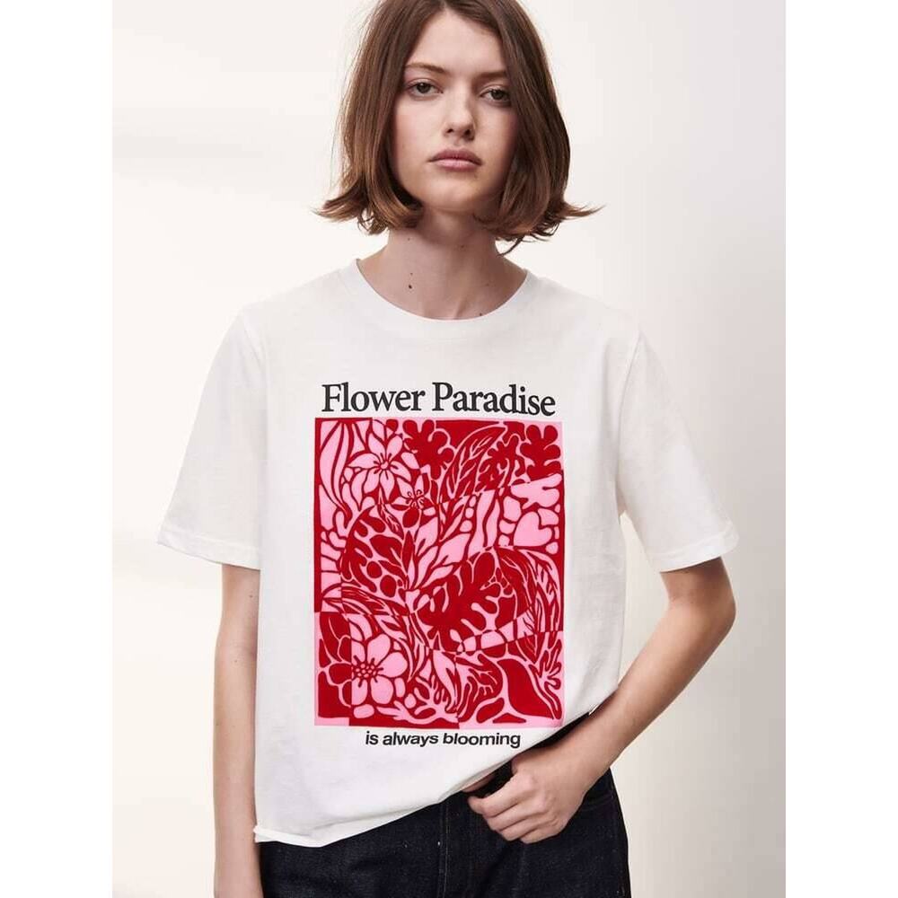 Zara Flower Paradise Fuzzy Graphic T Shirt Colorful Modern Boho